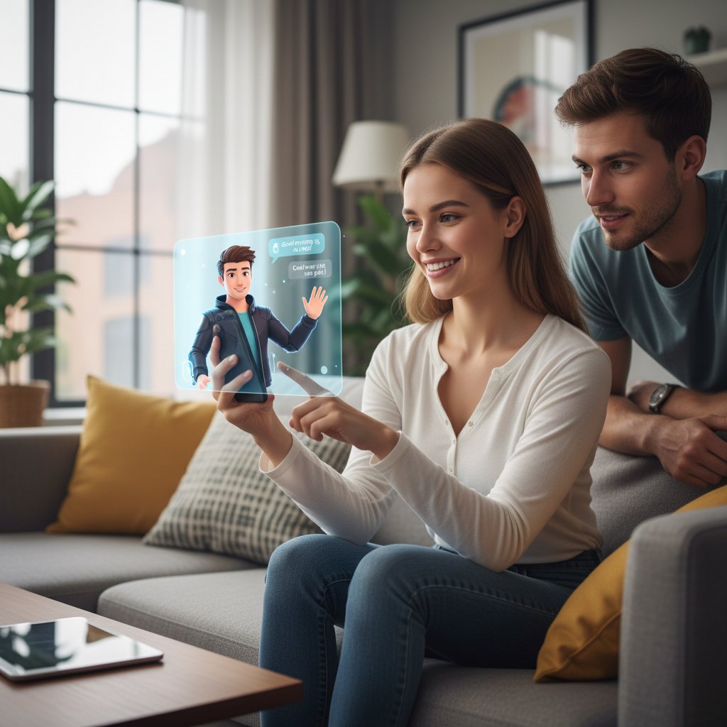 Para młodych ludzi w nowoczesnym mieszkaniu, jedno z nich rozmawia z wirtualnym chłopakiem na smartfonie