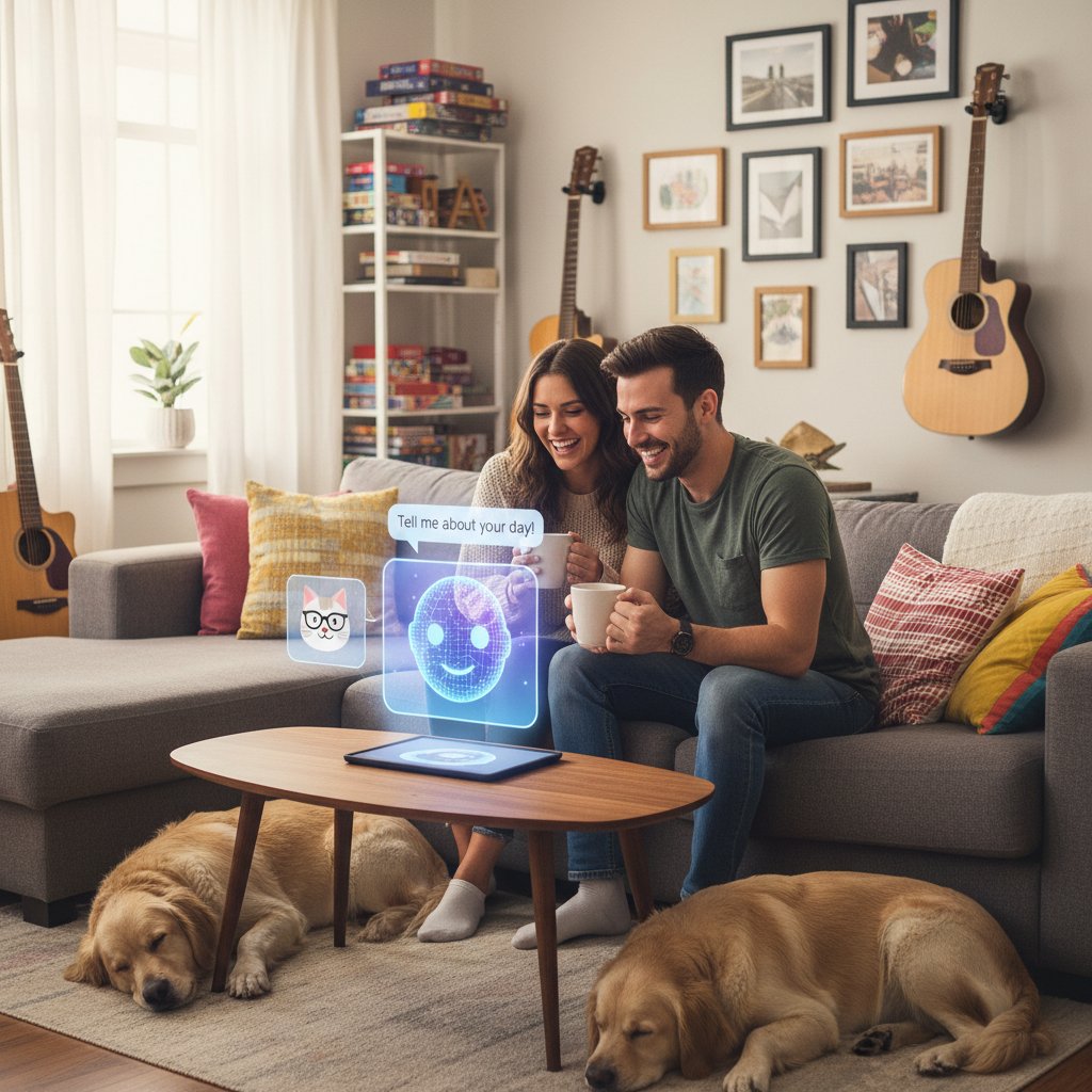 Para młodych ludzi bawiąca się przy laptopie, rozmawiających z czatbotem, domowy klimat