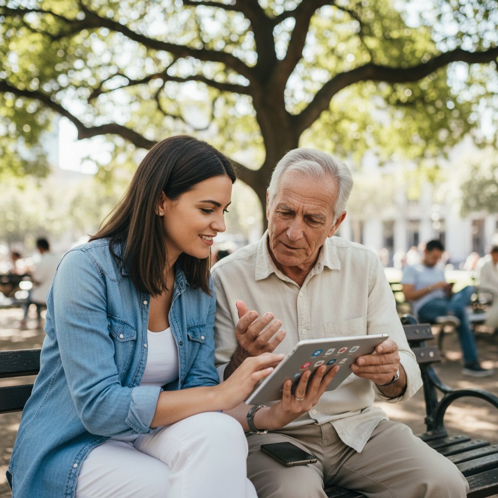 Młoda para rozmawia o cyfrowym wsparciu, różne pokolenia, otwartość na nowe technologie