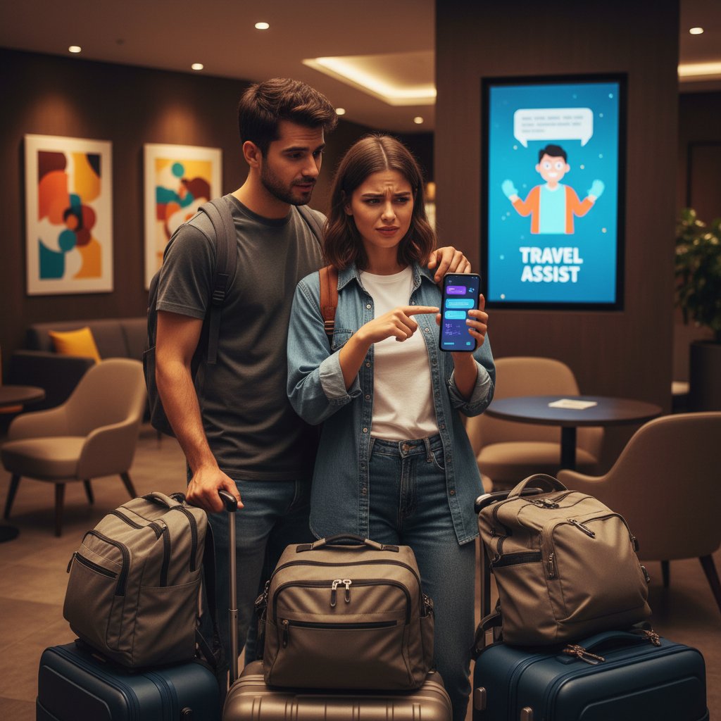 Młoda para podróżników korzystająca z chatbota na smartfonie w hotelowym lobby, wyrażająca mieszane emocje