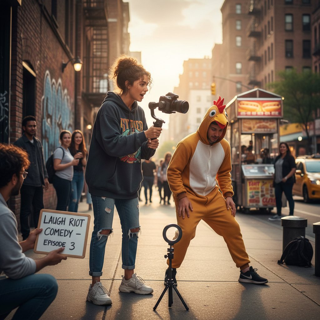 Young comedian shooting a skit with a phone