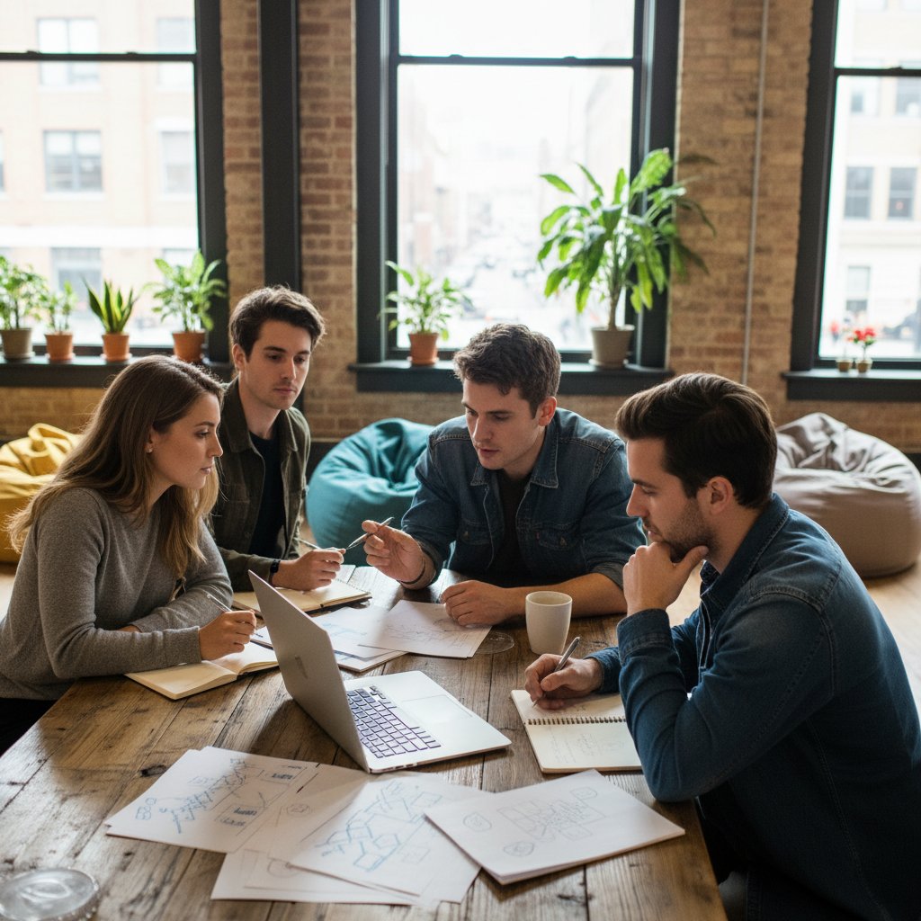 Grupa młodych twórców przy stole w coworkingu, burza mózgów, notatki i laptopy, atmosfera inspiracji