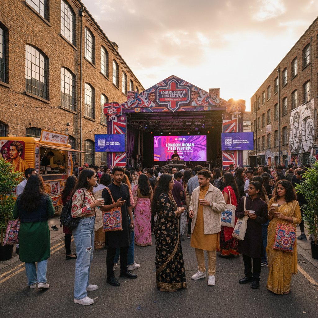 Young crowd in London watching Indian film festival outdoors, urban chic, 16:9