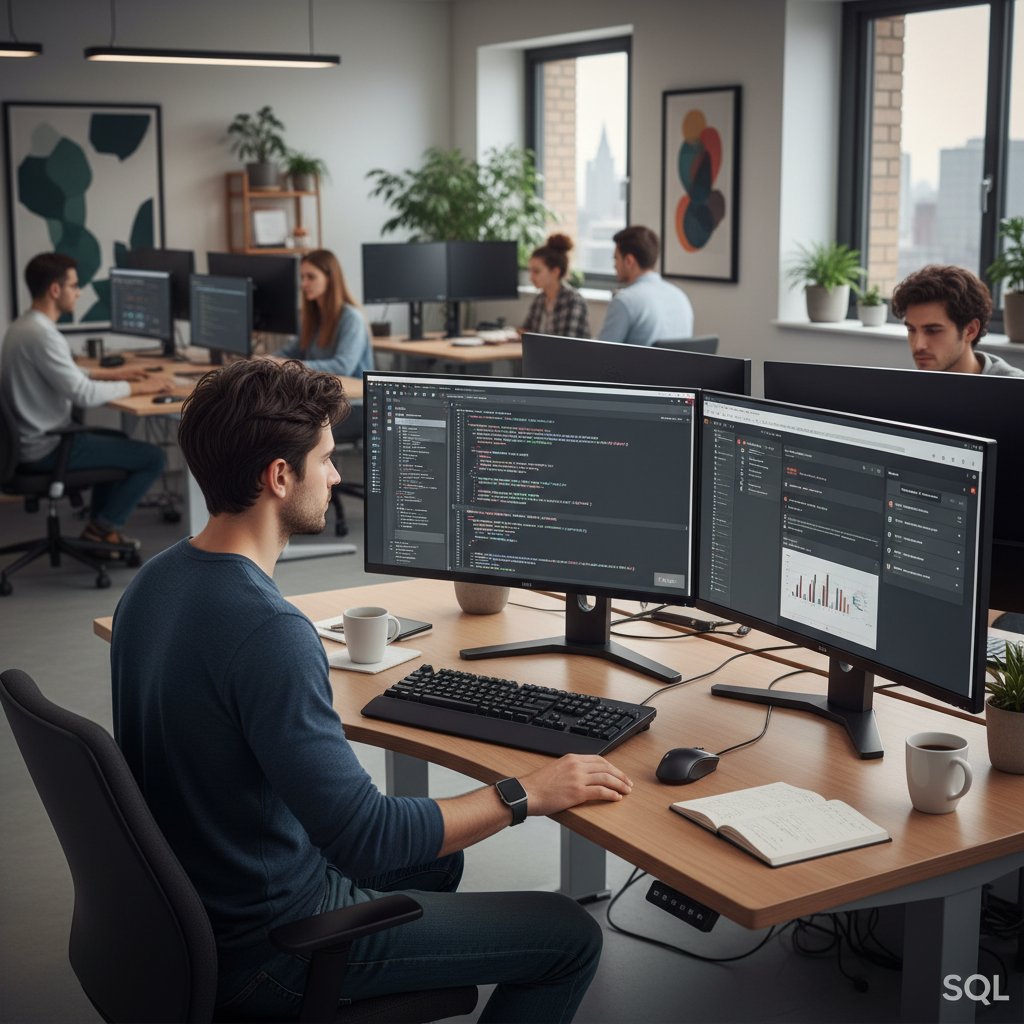 Młody analityk danych w nowoczesnym biurze, praca z SQL, laptop, wykresy