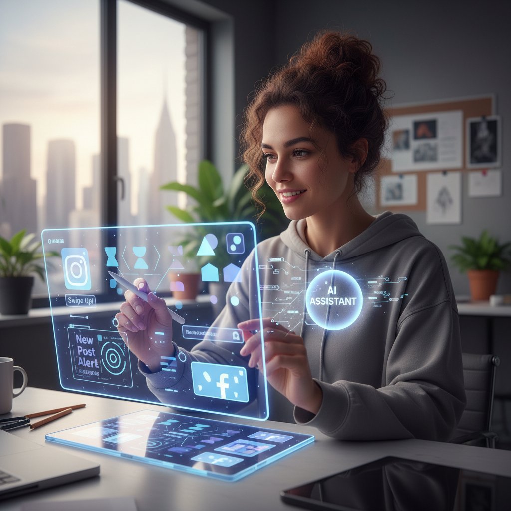 Młody designer korzysta z narzędzia AI do generowania kreatywnych grafik do social media