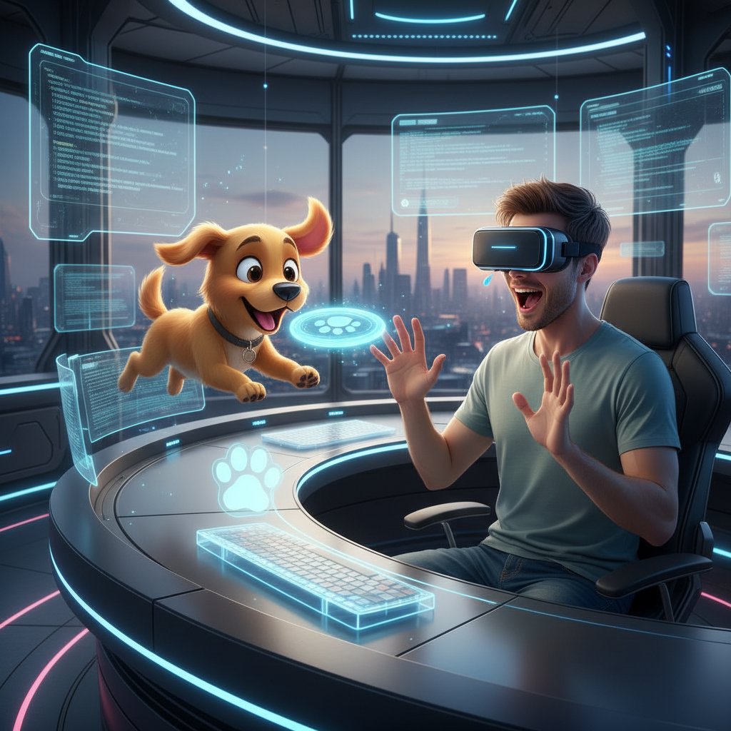 Junge Entwickler in High-Tech-Büro testen VR-Brille mit animiertem Hund, emotionale Reaktionen sichtbar