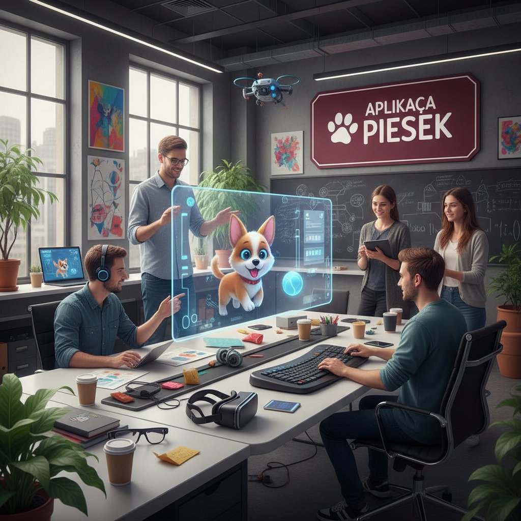 Zespół młodych programistów w biurze nad polskim projektem aplikacji z wirtualnym psem, atmosfera innowacji i kreatywności