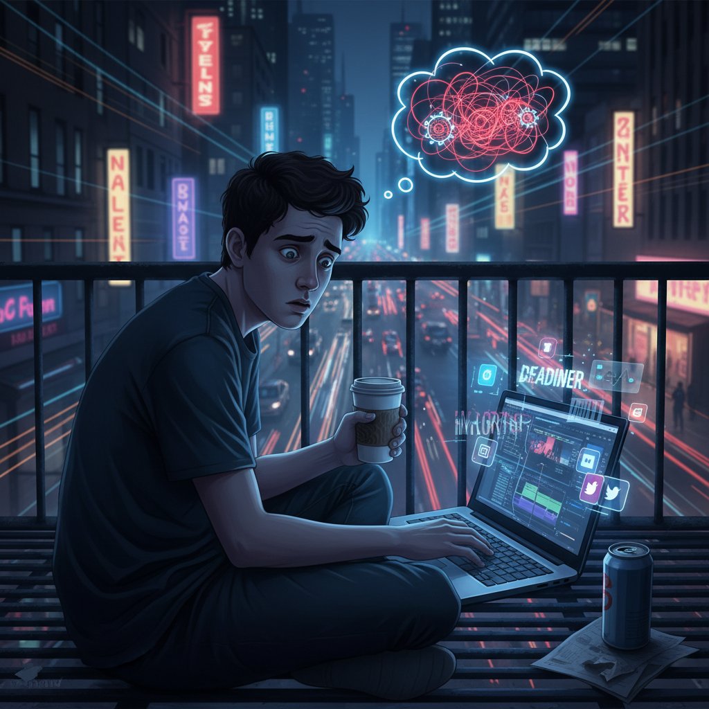 Twórca cyfrowy patrzący niepewnie na ekran laptopa, z widocznym stresem i refleksją