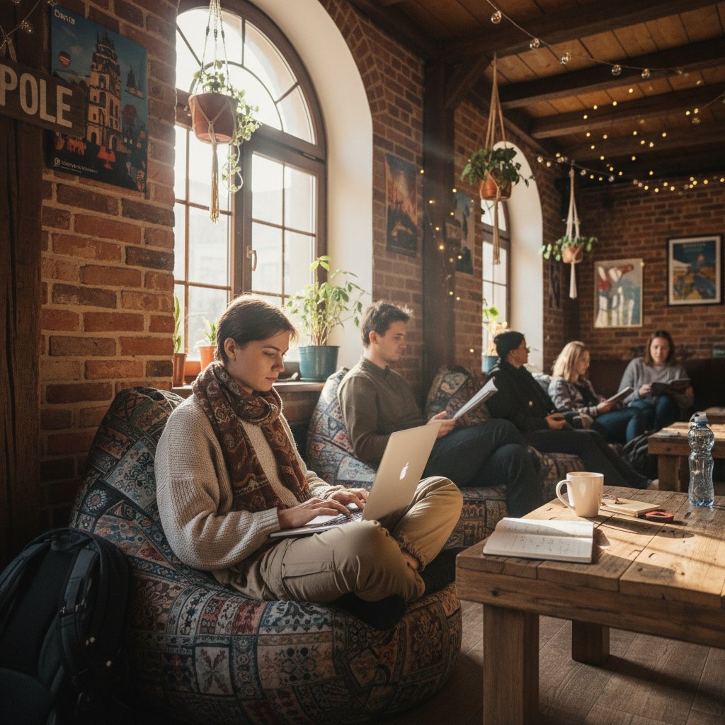 Cyfrowy nomada pracujący w hostelu w Opolu, przytulny salon, laptop na kolanach, atmosfera skupienia i relaksu.