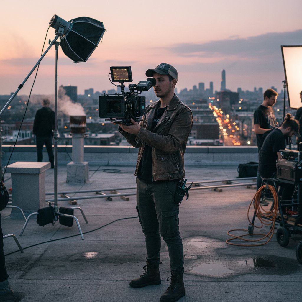 Cinematic image of young Argentinian director behind camera on urban rooftop at dusk, ambitious mood, natural light