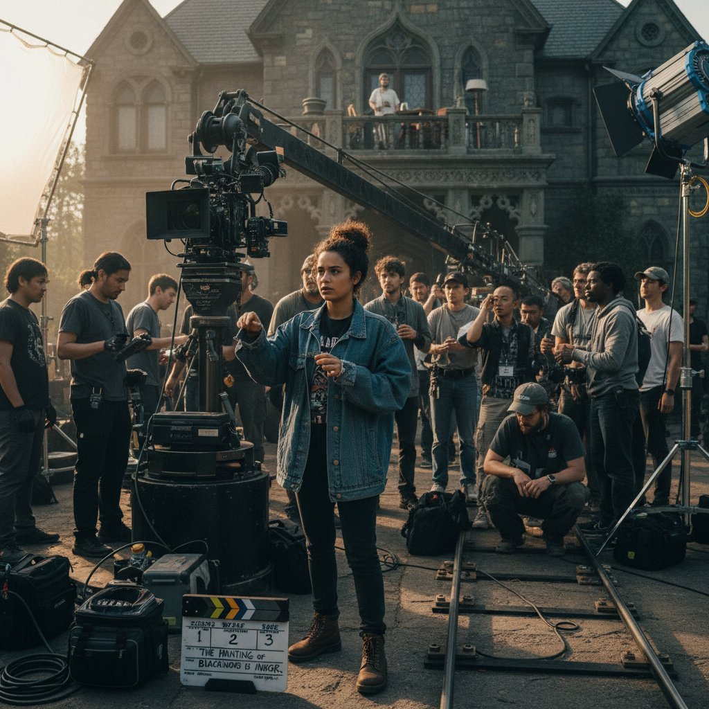 Photo of young director on set, diverse crew, gritty indie vibe, sense of creative urgency in creating movie identity movies