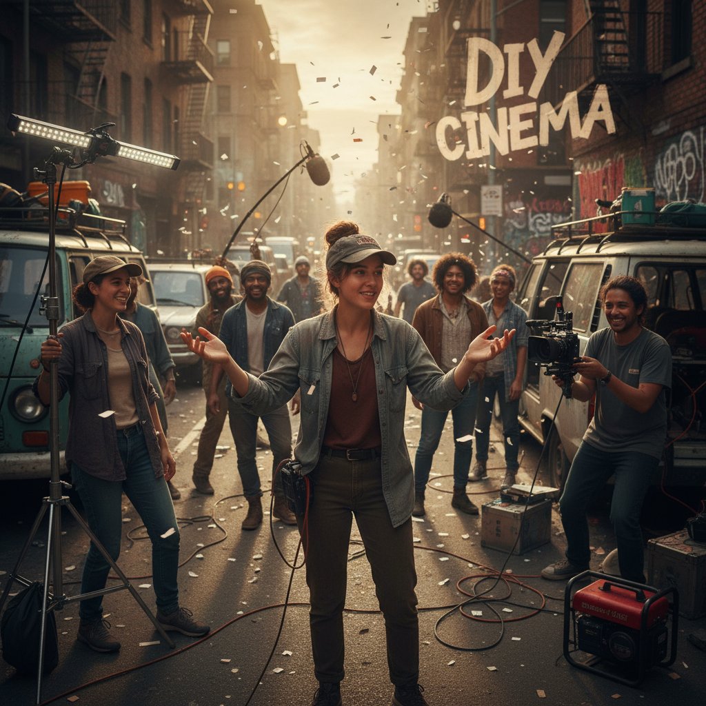 Young director on set with a DIY crew, guerrilla filmmaking energy