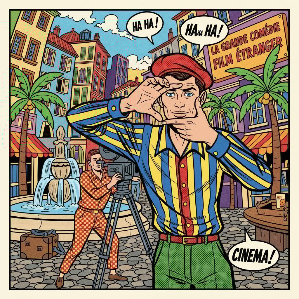 Young director on a vibrant set, framing a shot with bold, pop art colors, symbolizing innovation in comedy film