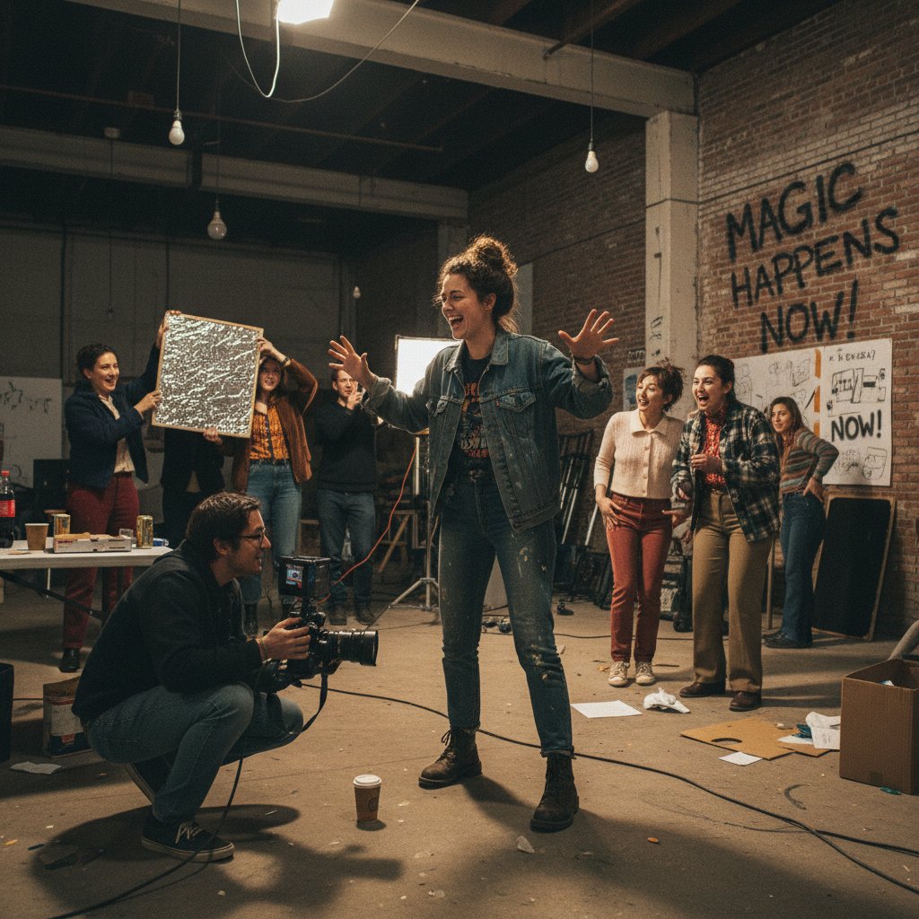 Young director on a low-budget set, improvisational energy, 16:9
