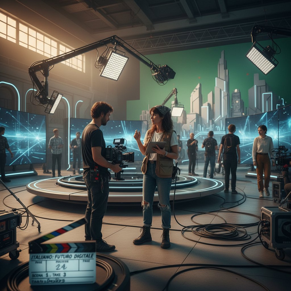 Vibrant photo portrait of a young Italian director on a modern film set, looking ambitious and restless