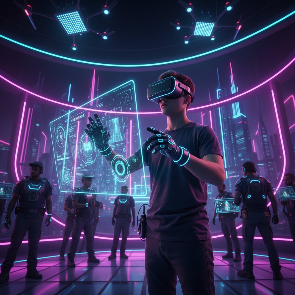 Young Russian director with VR headset on film set, representing new wave of Russian movies