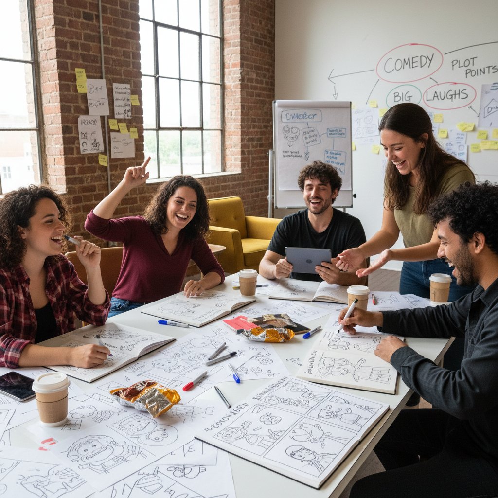 Diverse group creating comedy movie ideas in a studio