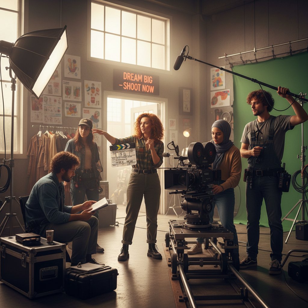 Photo of a diverse group of young filmmakers collaborating on a set, vibrant atmosphere, conveying hope and inclusivity in the creative process