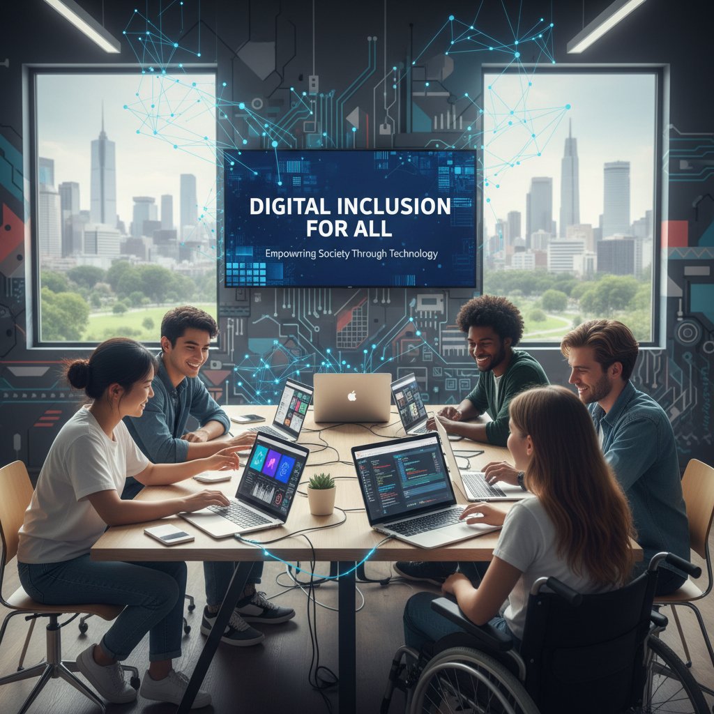 Symbolbild: Junges, diverses Team nutzt Laptops, digitale Inklusion und gesellschaftlicher Wandel