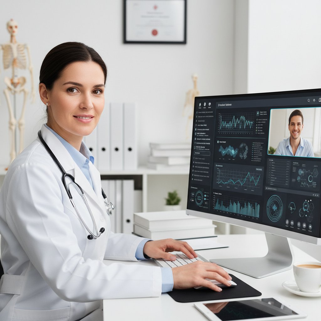 Młody lekarz przy komputerze analizujący dane pacjenta podczas konsultacji online, profesjonalizm