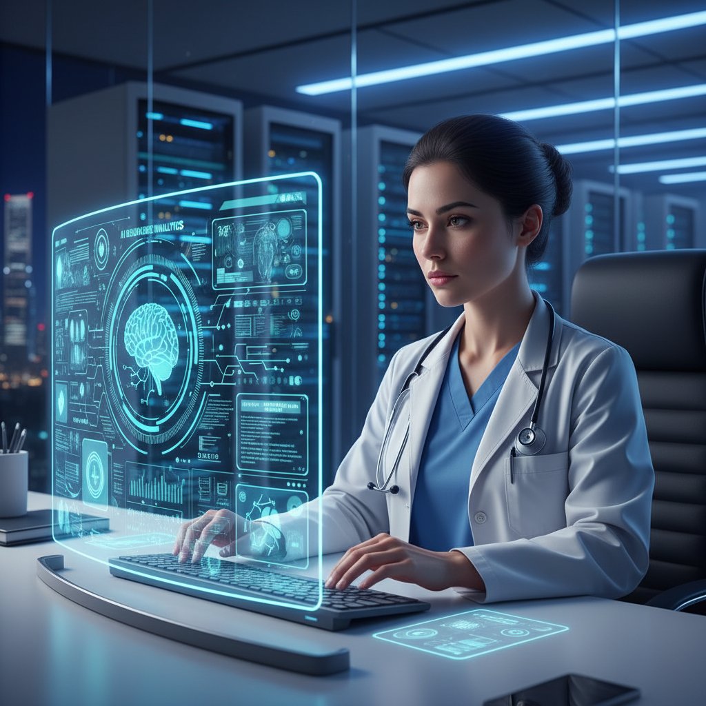 Młody lekarz przy komputerze analizujący medyczne dane, sztuczna inteligencja w zdrowiu