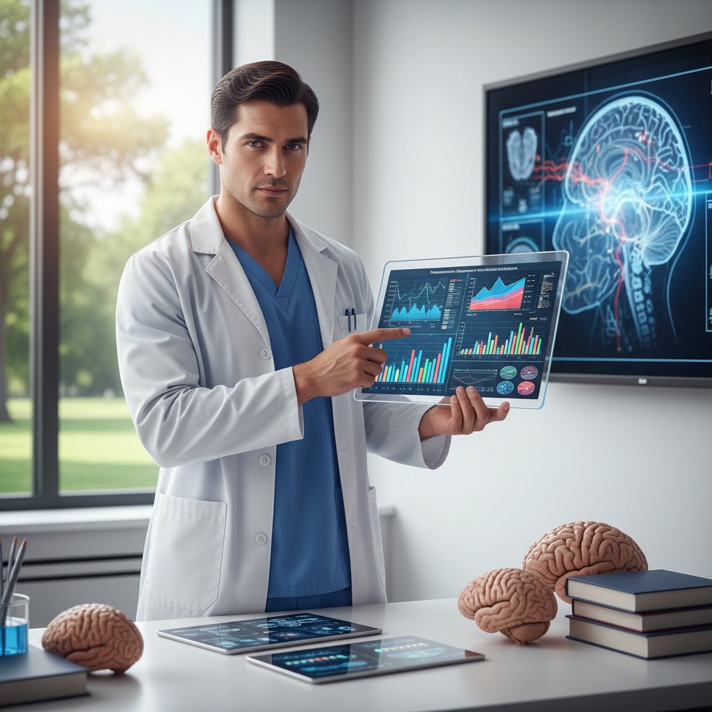 Statystyki zachorowań na Parkinsona – zdjęcie młodego lekarza analizującego wykres epidemiologiczny na tablecie