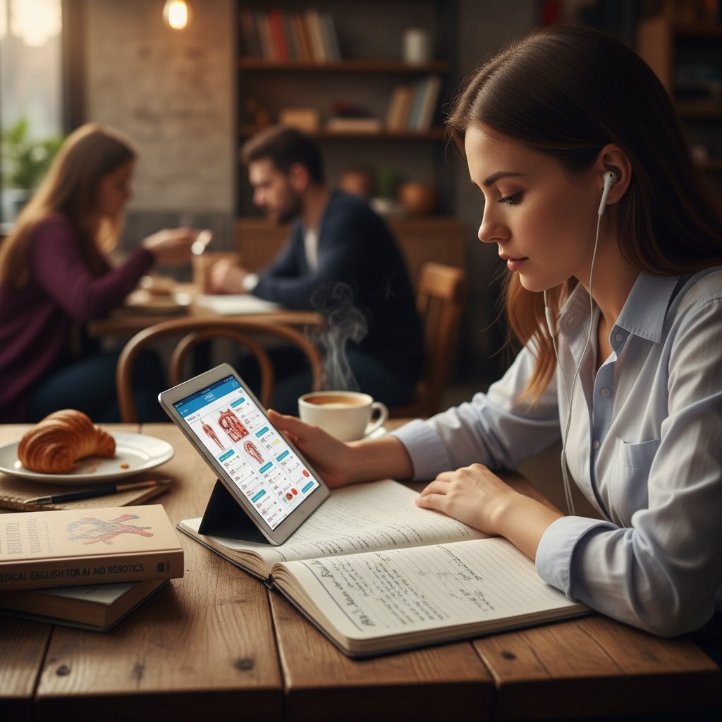 Młody lekarz uczy się angielskiego medycznego z AI w domu, notatki, tablet, kawa, wieczorem