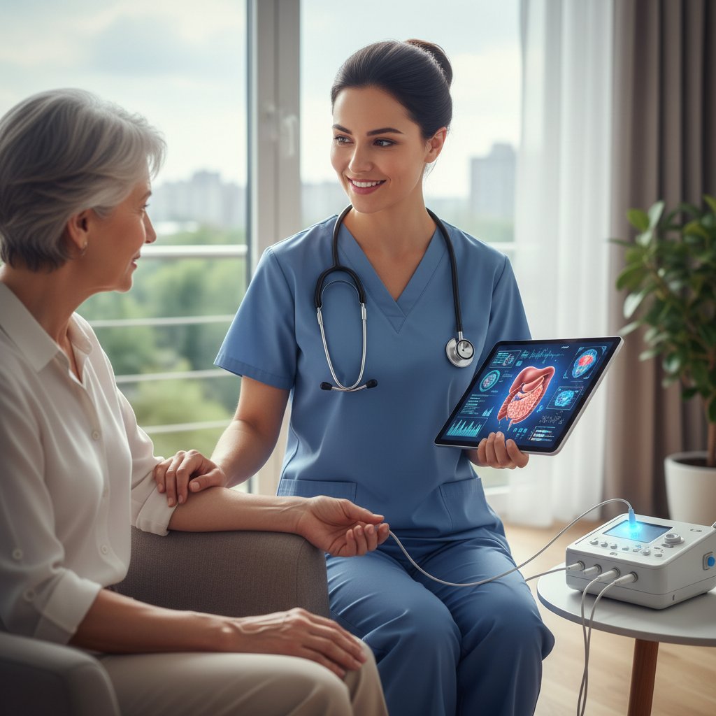 Młoda lekarka korzystająca z tabletu i nowoczesnych urządzeń diagnostycznych podczas konsultacji domowej