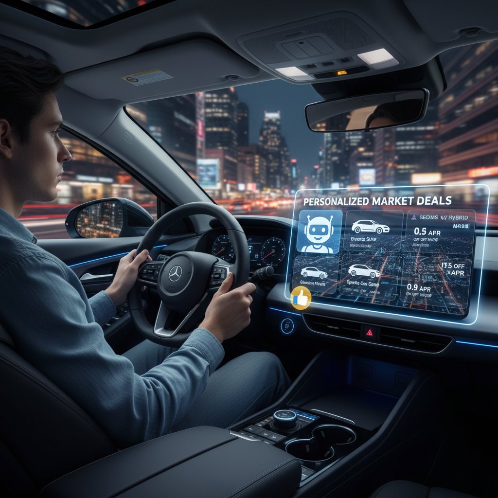 Moody photo of young driver using AI car buying assistant on smartphone at night, city lights in background, dashboard glowing, personalized market deals interface visible