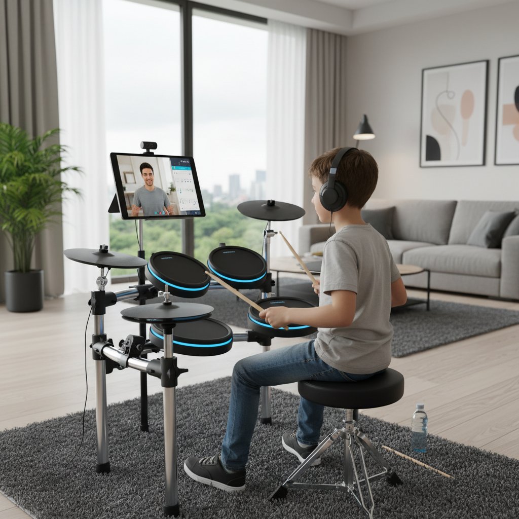 Młody perkusista ćwiczący na elektronicznej perkusji podczas lekcji online w domowym studio