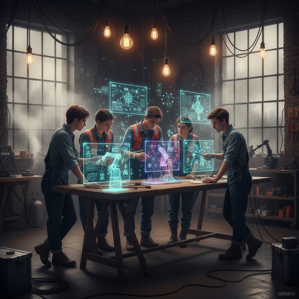 Zespół młodych inżynierów burzujących mózgi nad laptopem w industrialnym otoczeniu, tablica z diagramami AI