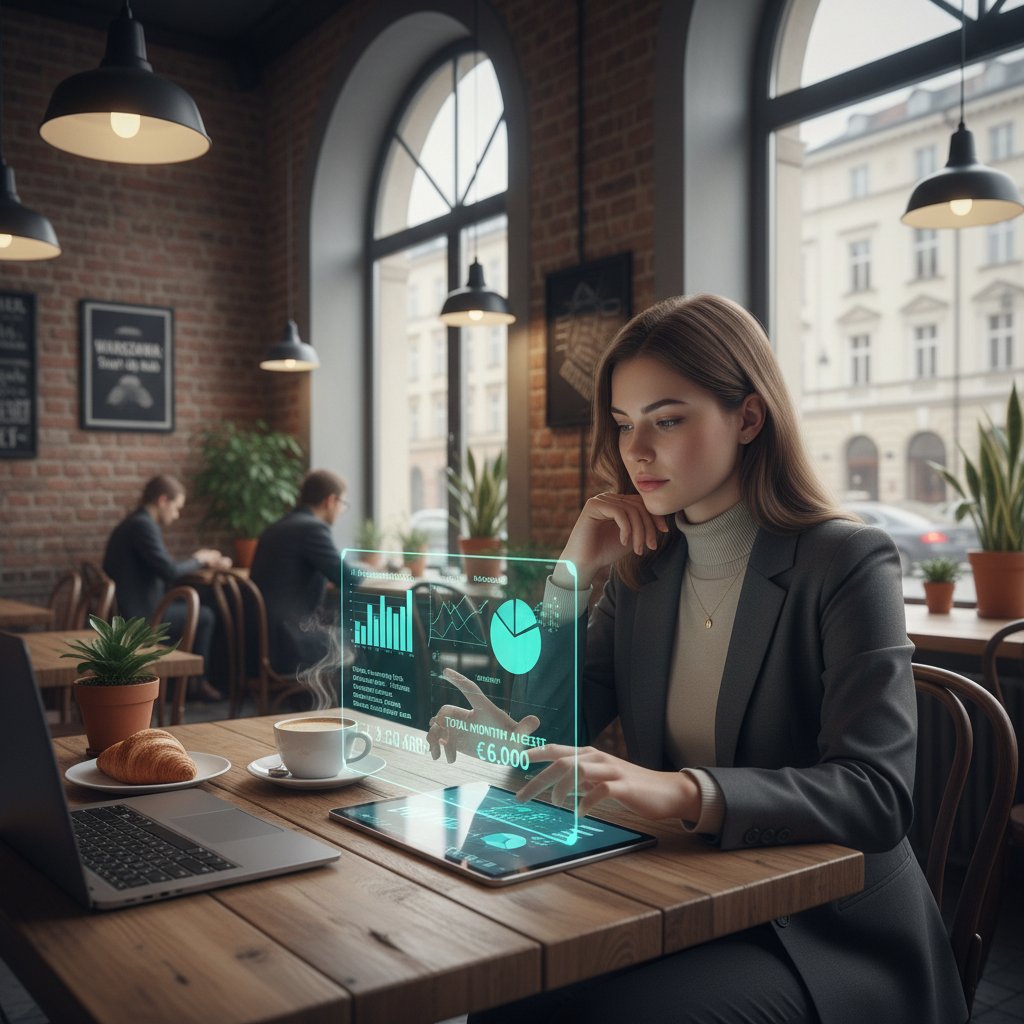 Młody przedsiębiorca rozliczający koszty AI w kawiarni w Warszawie