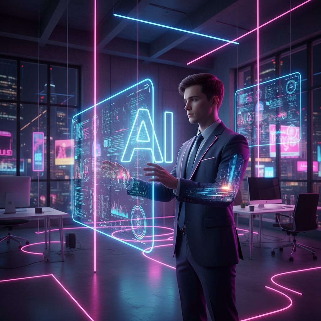 Młody przedsiębiorca korzystający z futurystycznego interfejsu AI w nowoczesnym biurze, słowa kluczowe: kreatywność, AI marketing