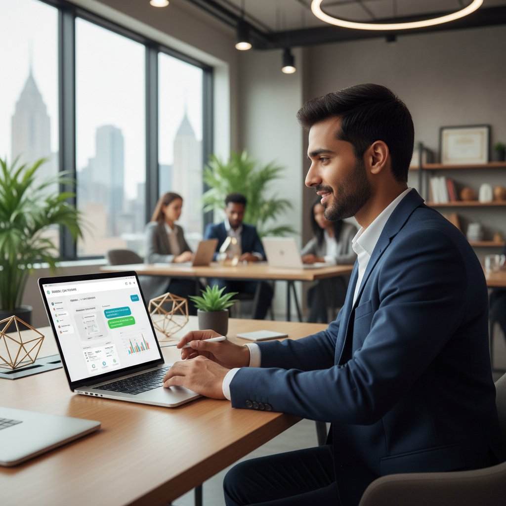 Młody przedsiębiorca analizujący wyniki wdrożenia chatbota Messenger na laptopie, zadowolenie, sukces, nowoczesne biuro