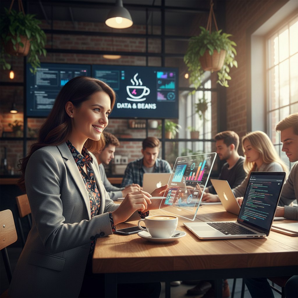 Młody przedsiębiorca w kawiarni korzystający z systemu analitycznego na laptopie – praca w polskich realiach