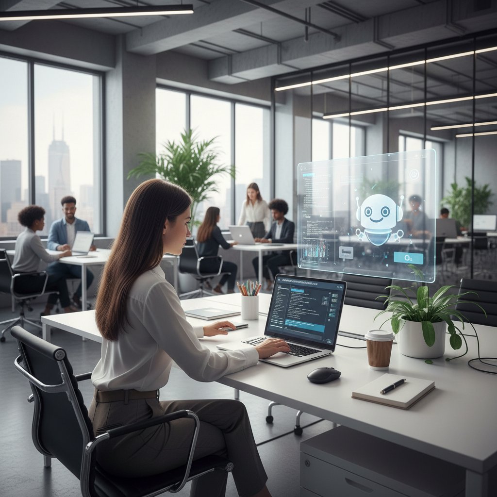 Młody przedsiębiorca wdrażający chatbota, obalający mit o trudności automatyzacji