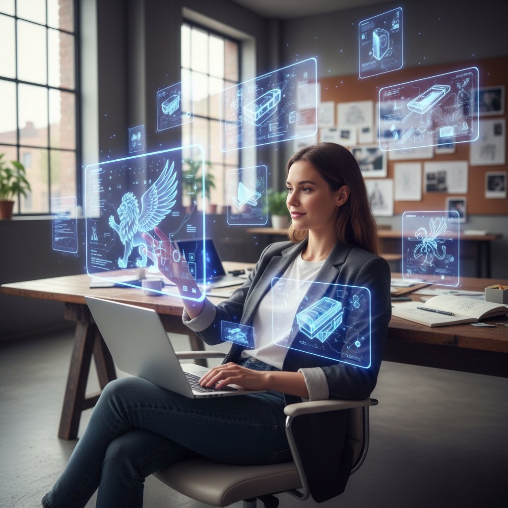 Młody przedsiębiorca pracujący nocą z laptopem, otoczony hologramami AI i szkicami koncepcji