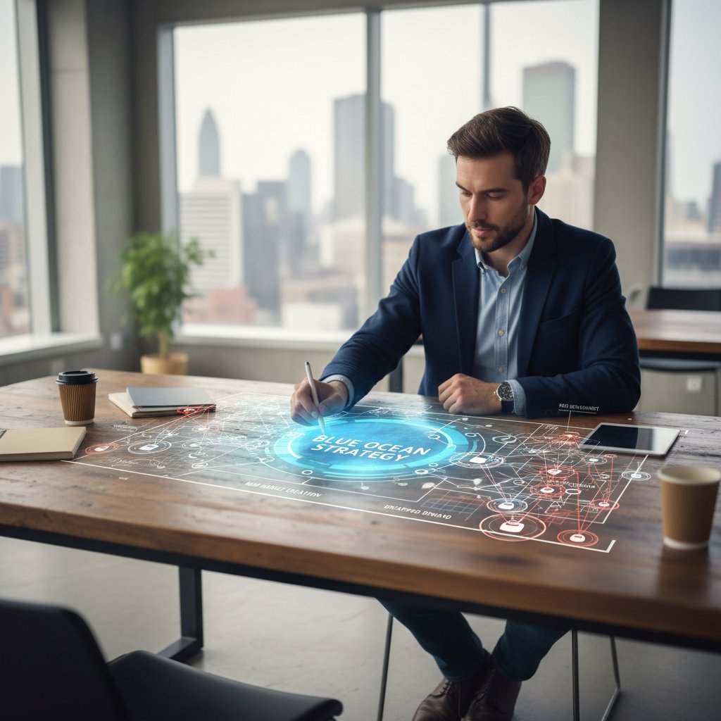 Młody przedsiębiorca patrzy na mapę z zaznaczonymi nieoczywistymi rynkami, strategia błękitnego oceanu