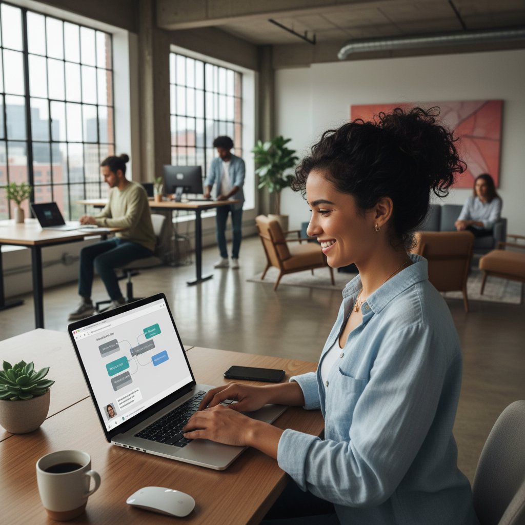 Młody przedsiębiorca korzystający z platformy no-code do tworzenia chatbota – laptop, nowoczesna przestrzeń