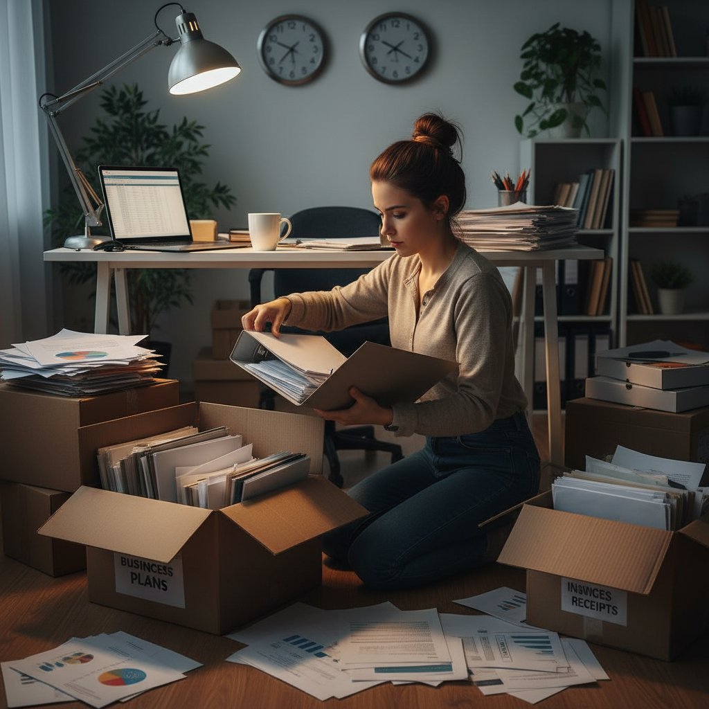 Young entrepreneur rifling through boxes of paperwork late at night, tension and chaos, documentary style, paperwork organization disaster