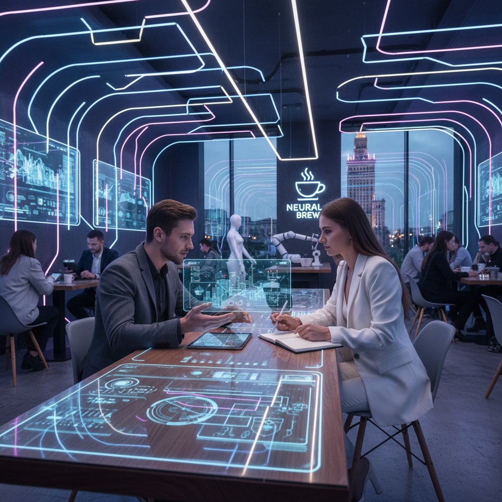 Przedsiębiorcy korzystający z AI w warszawskiej kawiarni, rytr i AI writing assistant w pracy