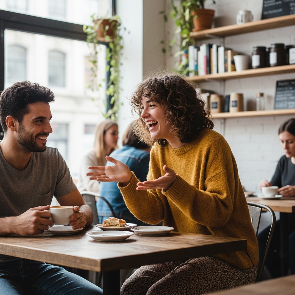 Młody ekstrawertyk na spotkaniu w kawiarni, rozmowy, otwartość