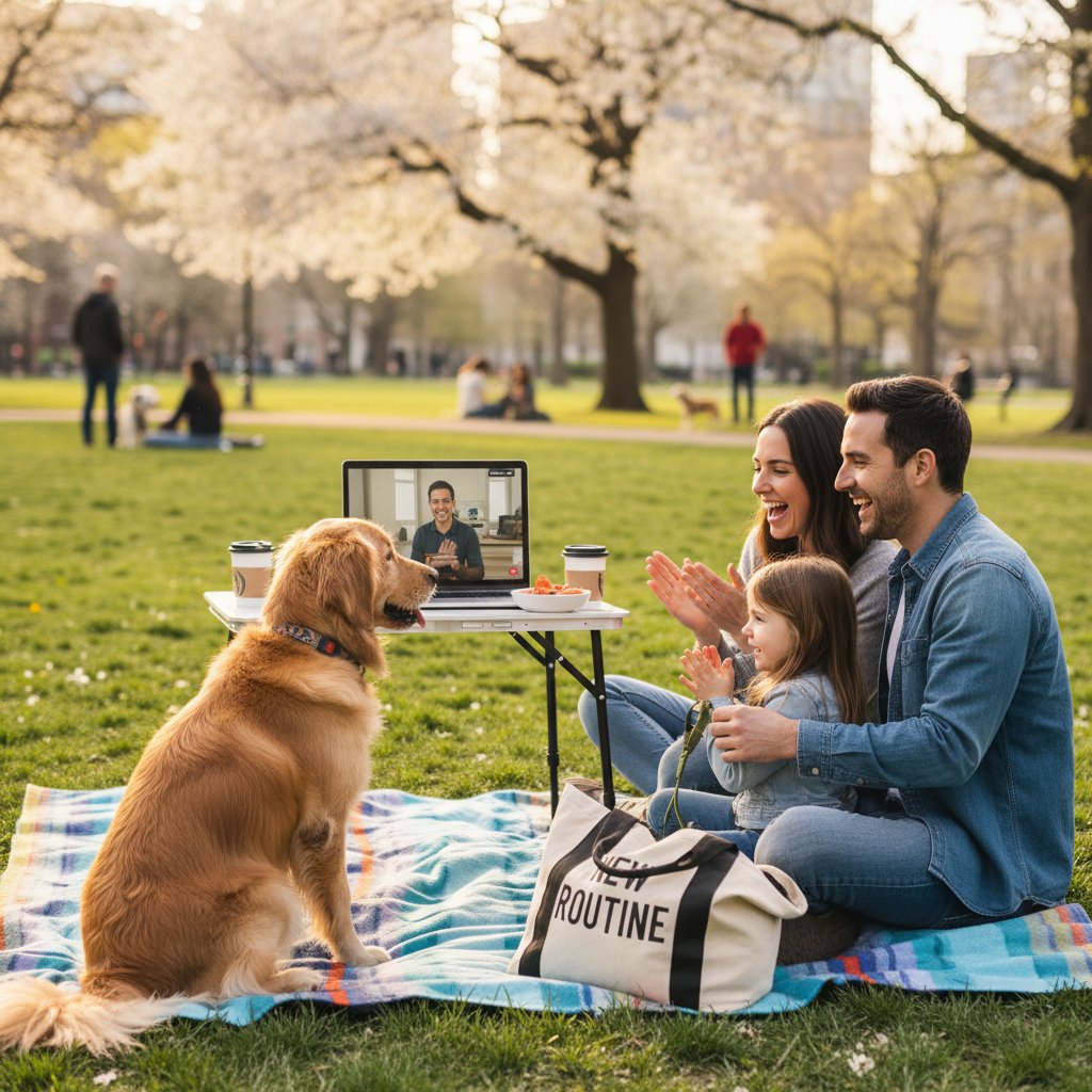 Młoda rodzina z psem w miejskim parku, laptop na kolanach, szkolenie psa przez internet, symbol zmiany stylu życia