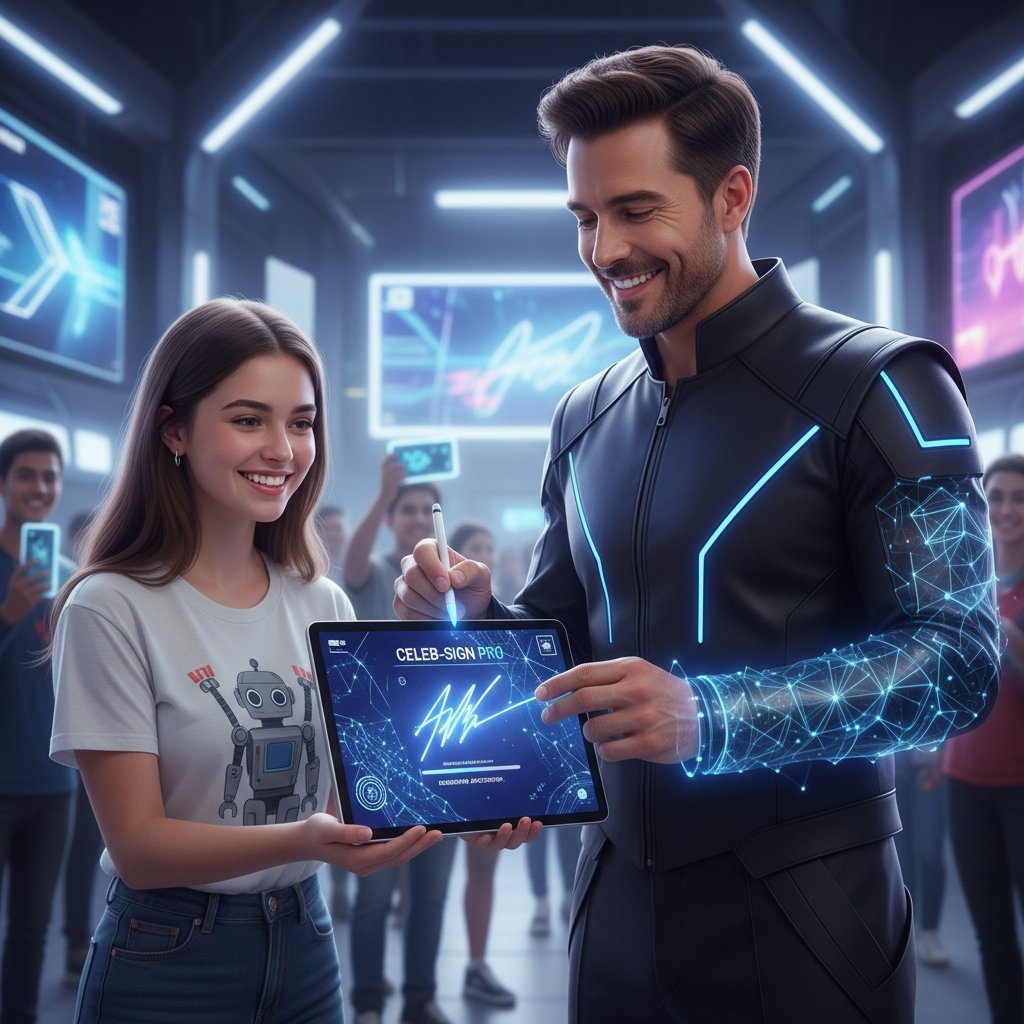 Historyczne zdjęcie młodej fanki stojącej z autografem i nowoczesnej osoby rozmawiającej przez aplikację AI