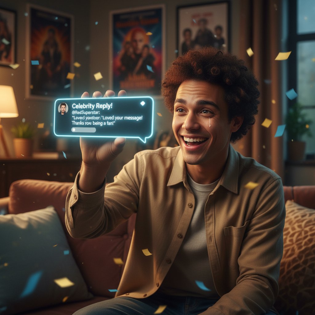Młody fan z uśmiechem na twarzy, trzymający telefon z wyświetloną odpowiedzią od celebryty, atmosfera spełnienia