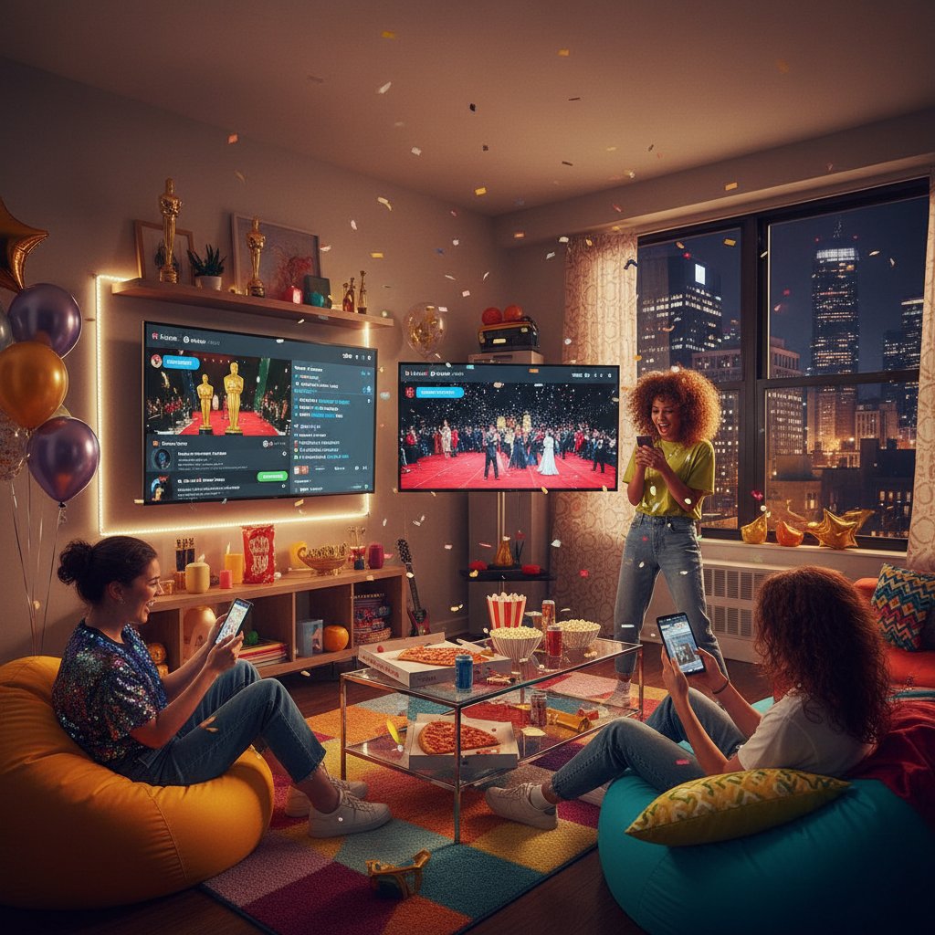 Young fans live-tweeting Oscar night in a contemporary urban apartment, energetic mood, bright colors