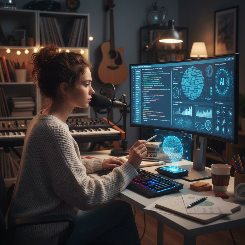 Młoda artystka przy komputerze analizująca wygenerowany tekst piosenki
