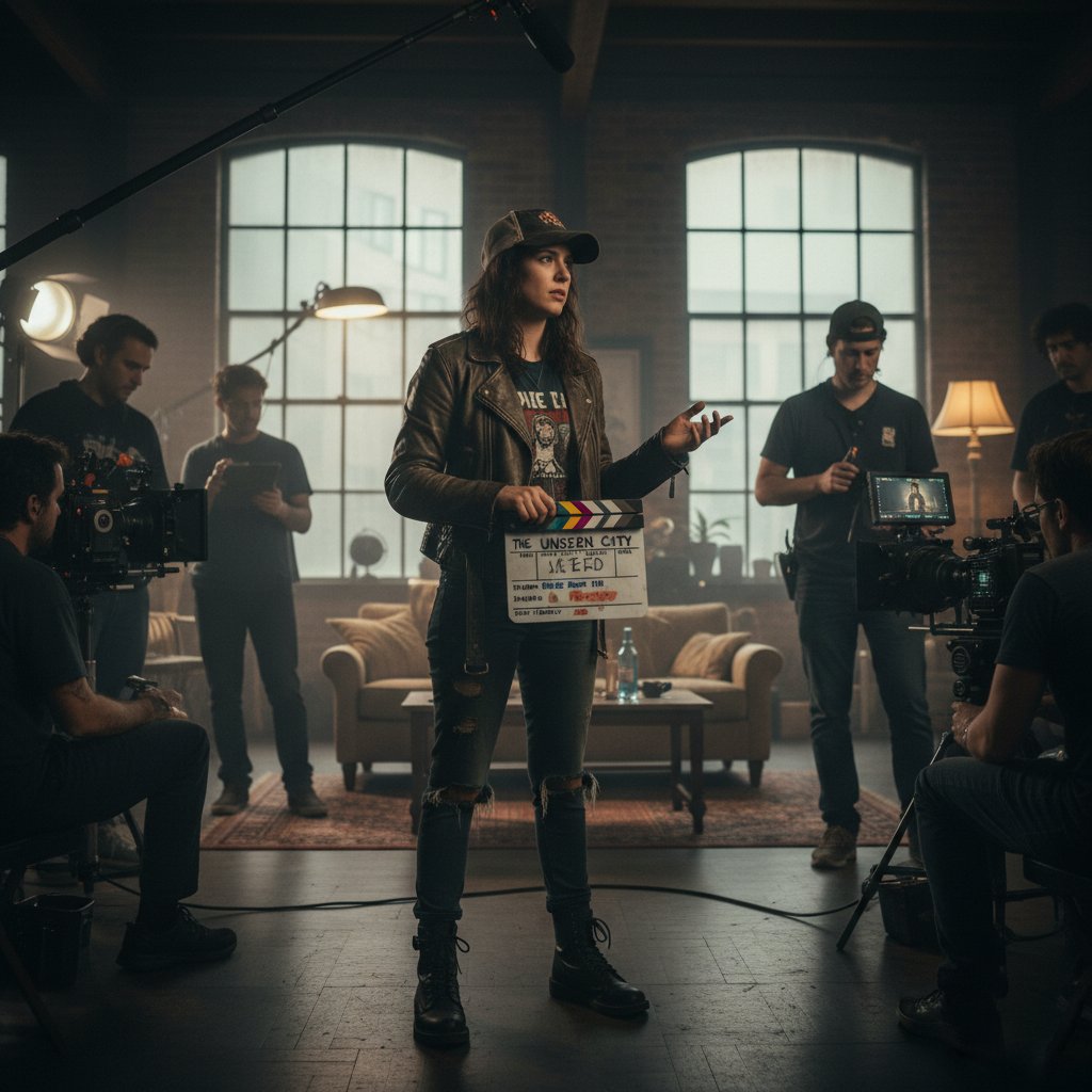 Young female director on a gritty indie film set, focused and determined, capturing the raw energy of Patty Jenkins' early career
