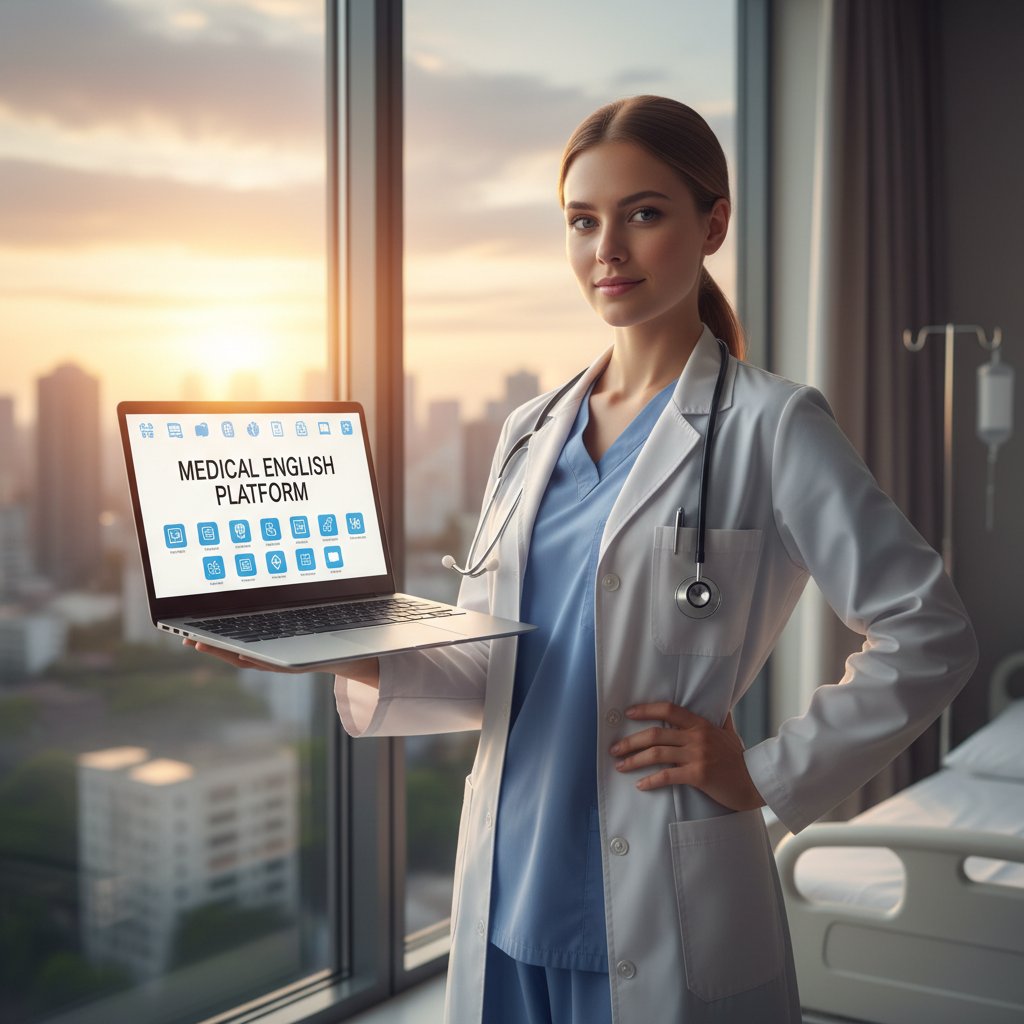 Młoda lekarka patrzy przez okno szpitala z pewnym wyrazem twarzy, laptop z otwartą platformą do angielskiego medycznego