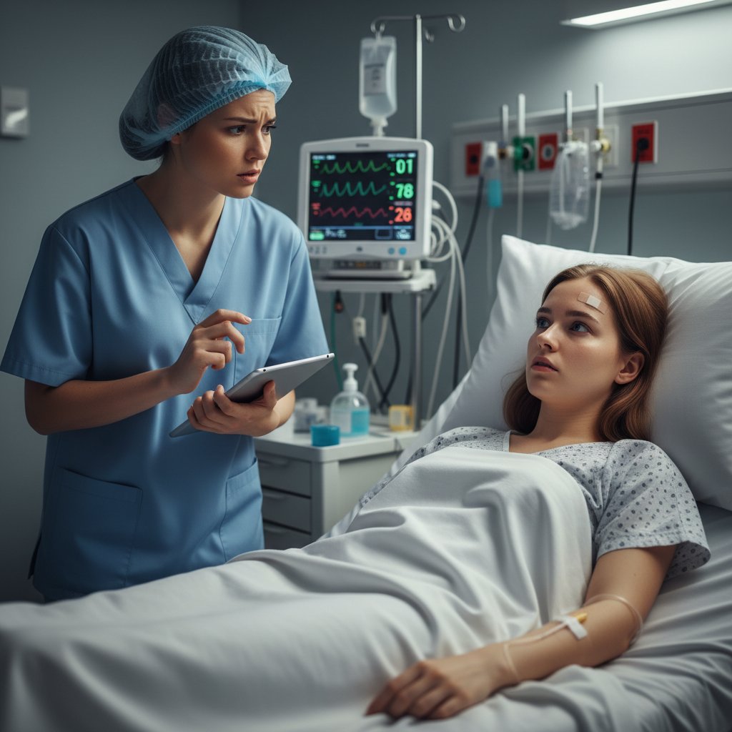 Pacjentka młoda kobieta po operacji, z zaniepokojoną miną, pielęgniarka obok łóżka